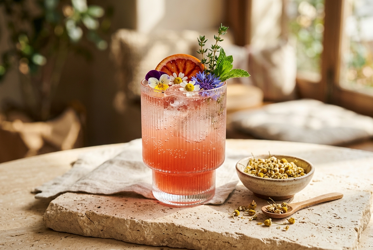 Botanical sparkling infusion mocktail with citrus and edible botanicals in fluted glass