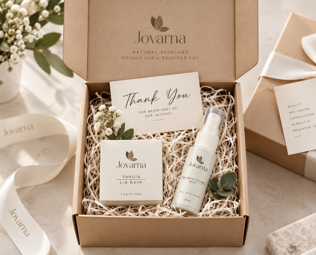 Jovarna elegant bespoke gift box with Balance Toning Mist and Vanilla Lip Balm for host gifting